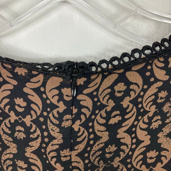 NANETTE LEPORE Blouse 10 Brown Silk Floral Crochet Pom Pom Long-Flare-Slv Lined - Picture 8 of 13